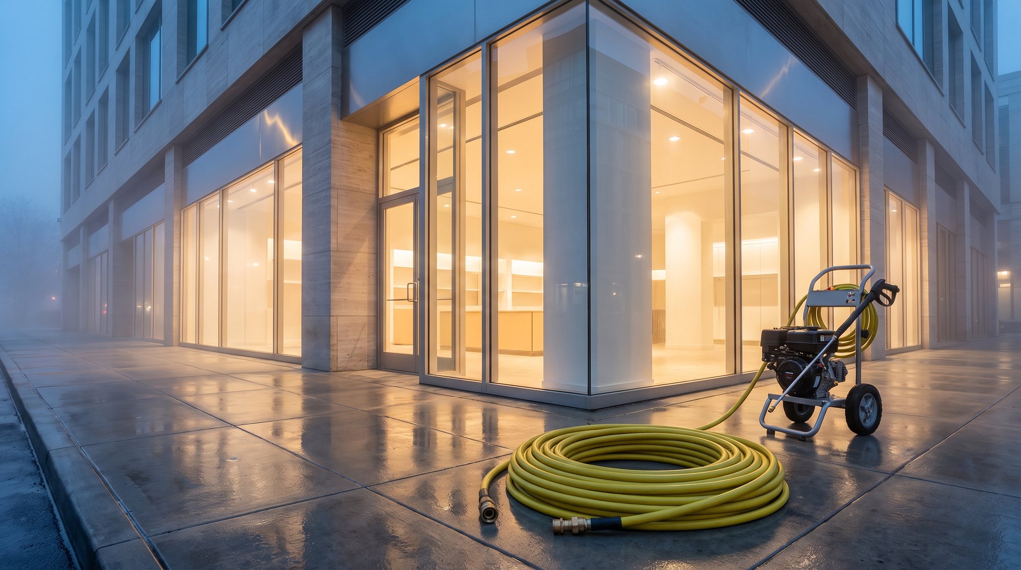 A commercial storefront and sidewalk washed clean before opening