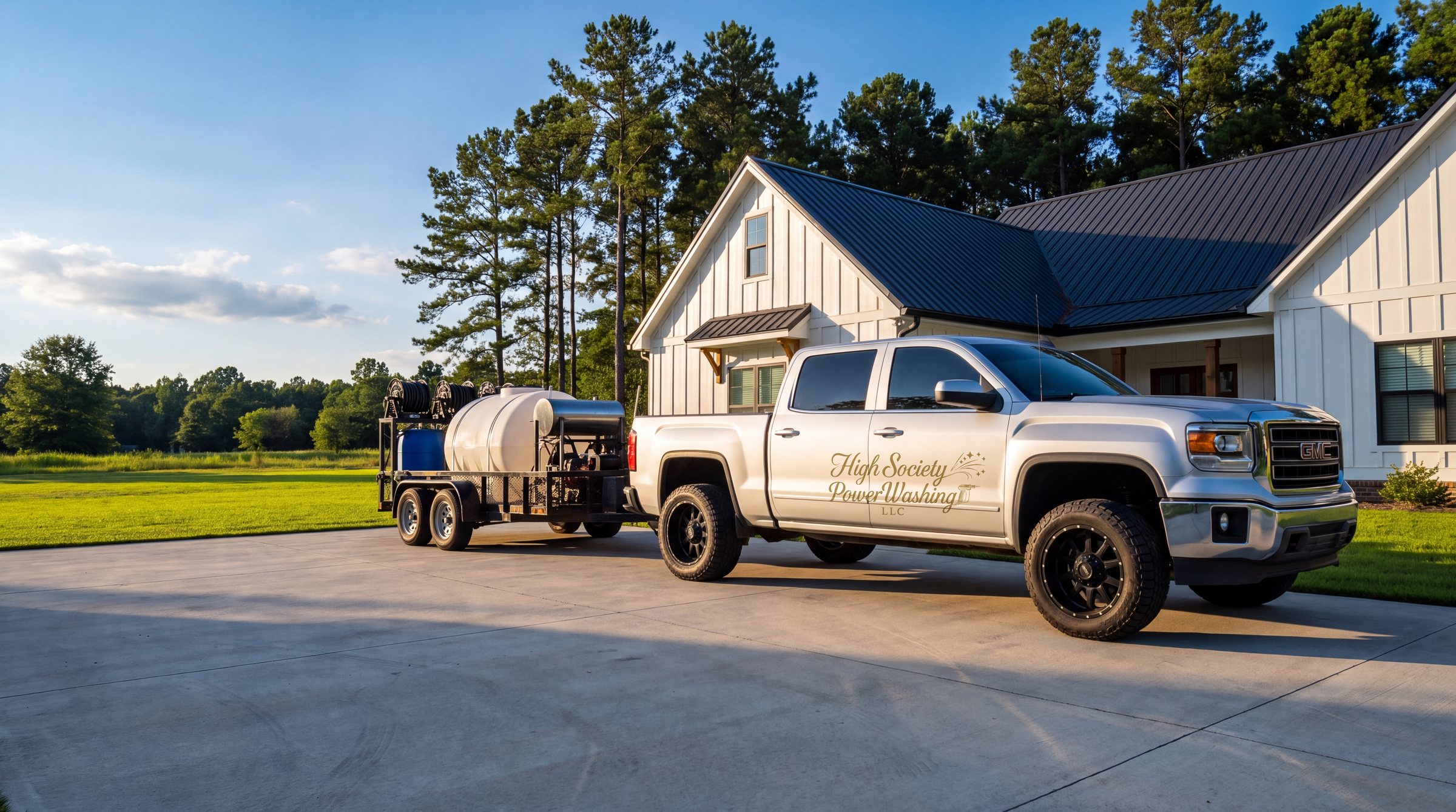 The High Society Power Washing truck and trailer rig parked at a customer's home at golden hour