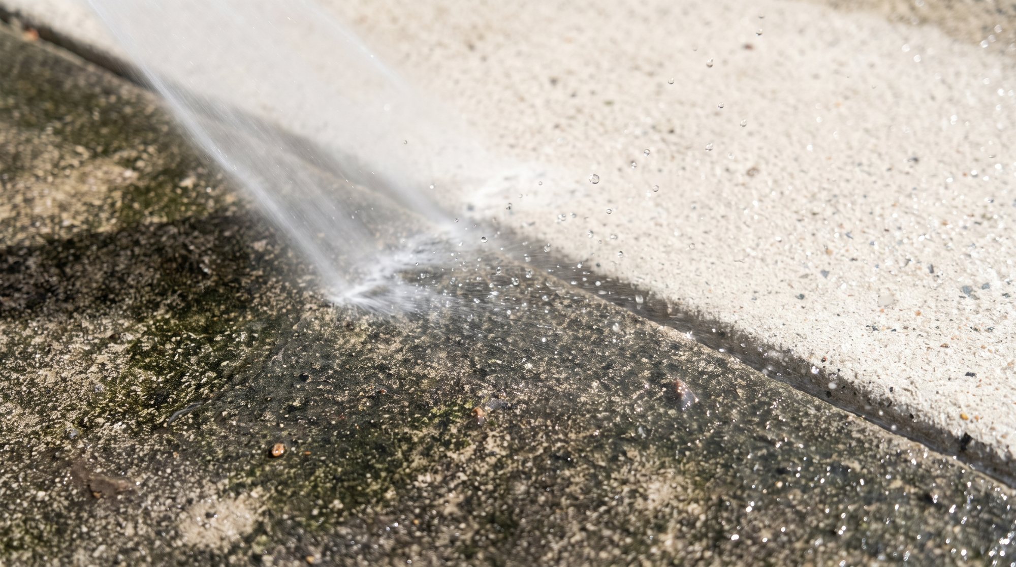 Concrete being pressure washed, dirty on one side and clean on the other